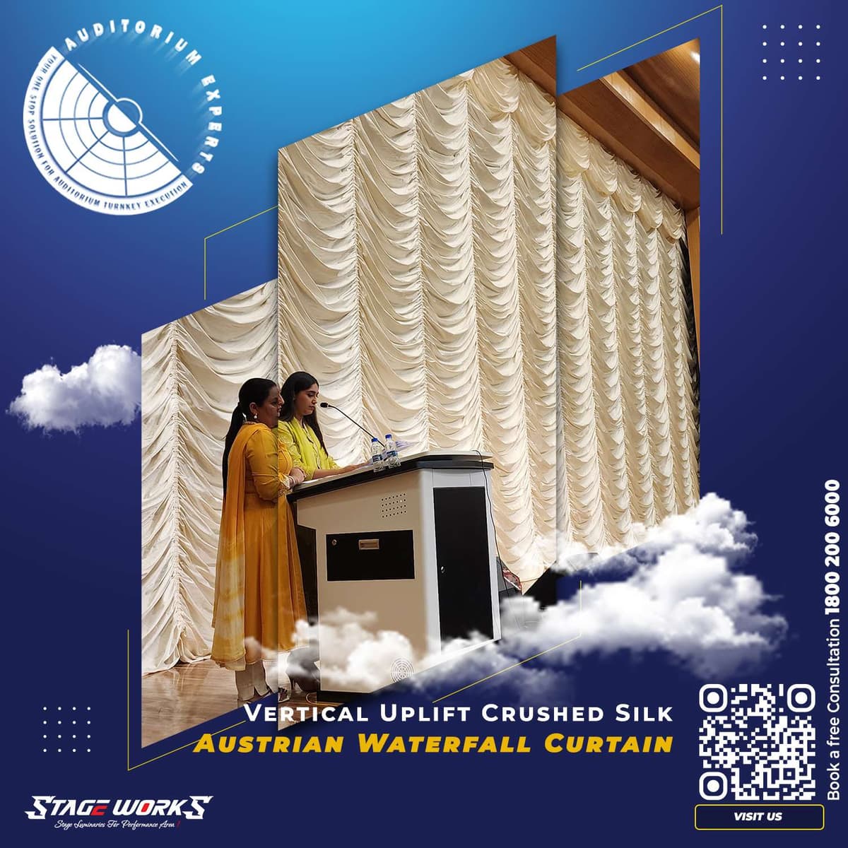Stage Front Curtains- Balloon Vertical Uplift with Austrian Crushed