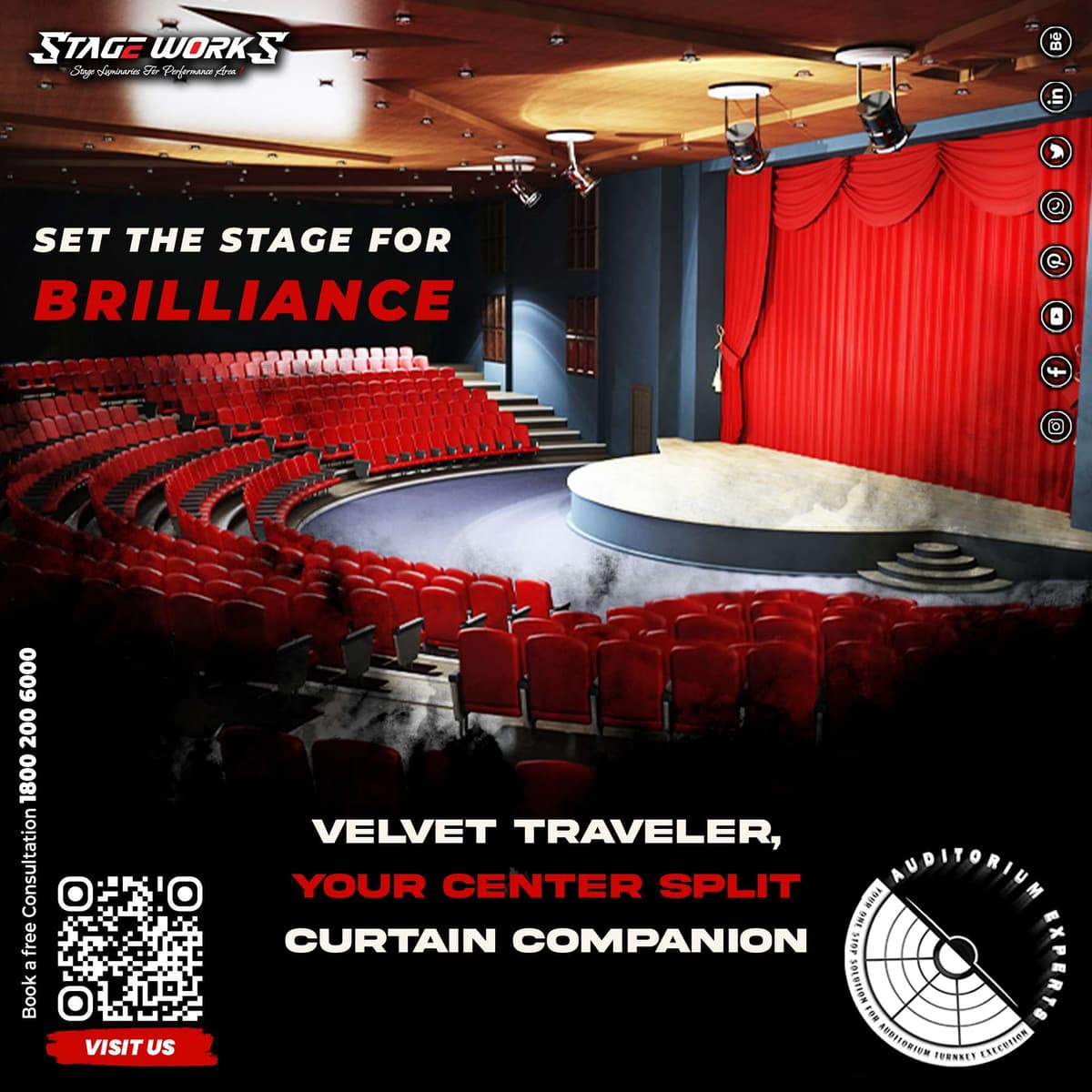 Middle Horizontal Center Split Velvet Stage Traveler Curtain
